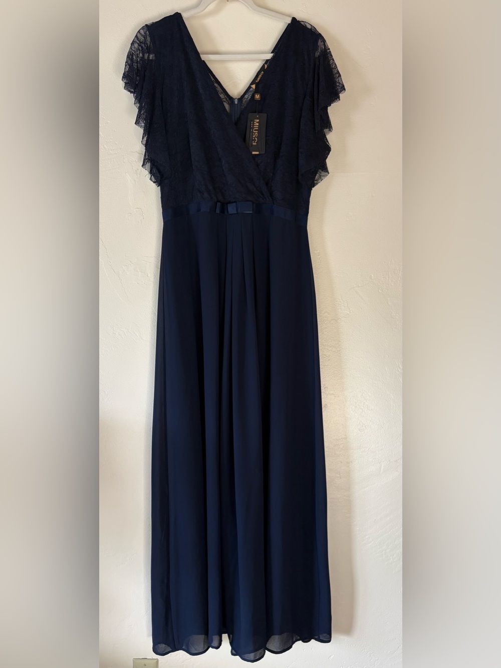 Miusol Navy Lace Bodice Maxi Gown Bow Waist Wedding Formal Size XL